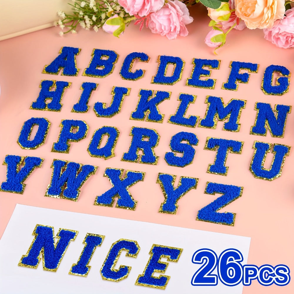 Chenille Letter Patches Self Adhesive A-Z 26pcs – Embroidered Alphabet Applique Stickers for Clothes Bags Hats Phone Cases