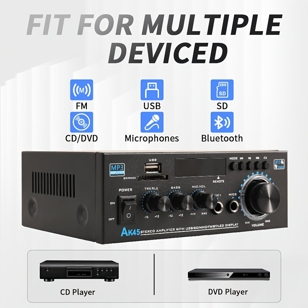 400W Bluetooth 5.0 Stereo Amplifier Receiver AK45, 2-Channel Home Audio Power Amp with Karaoke, FM Radio, USB MMC SD Card