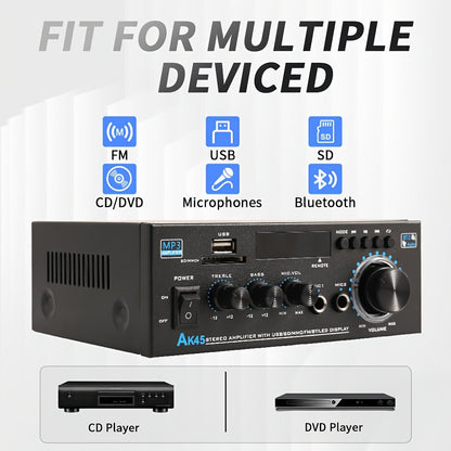 400W Bluetooth 5.0 Stereo Amplifier Receiver AK45, 2-Channel Home Audio Power Amp with Karaoke, FM Radio, USB MMC SD Card
