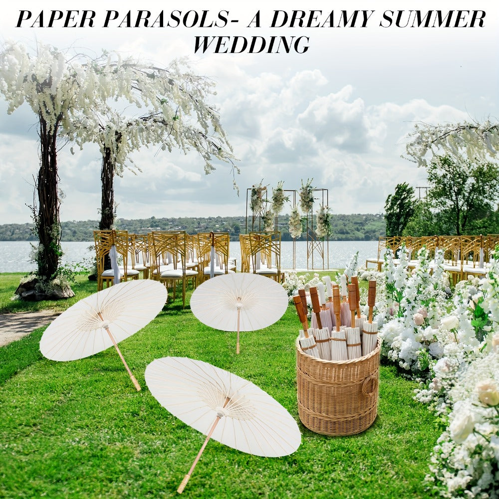 Party Decorations 24-Pack White Paper Parasols with 33-Inch Canopies and Wood-Look Handles