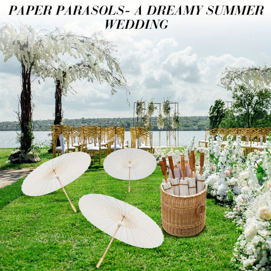 Party Decorations 24-Pack White Paper Parasols with 33-Inch Canopies and Wood-Look Handles