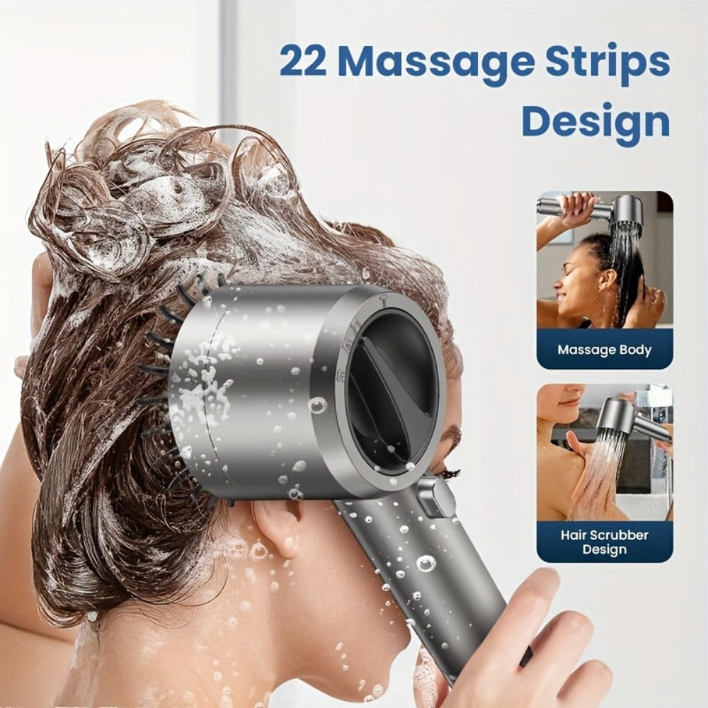 Handheld Shower Head with Rotating Spray Selector, On-Off Button, Hose, Five Cartridges and Two Bracket Options