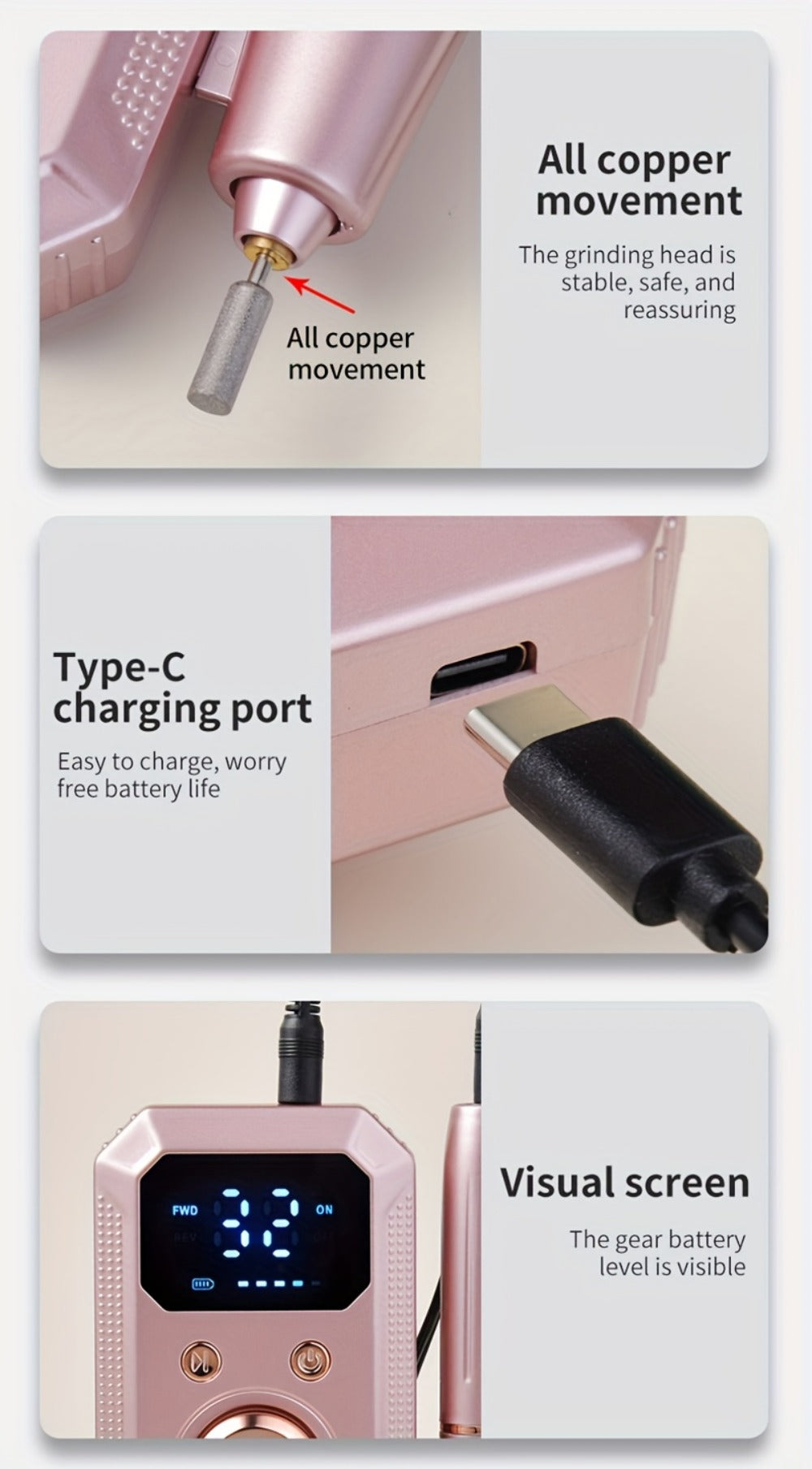 Electric Nail Drill Rechargeable Kit with Display, 11 Grinding Heads, 20 Sanding Rings and Three Colors