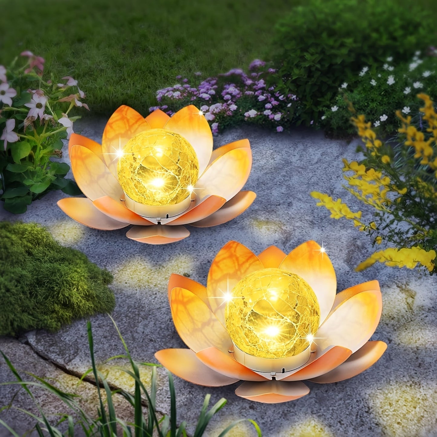 Solar Lotus Cracked Glass Ball Garden Lamp 2pcs, Metal Cracked Ball Solar Light for Outdoor & Indoor Decoration