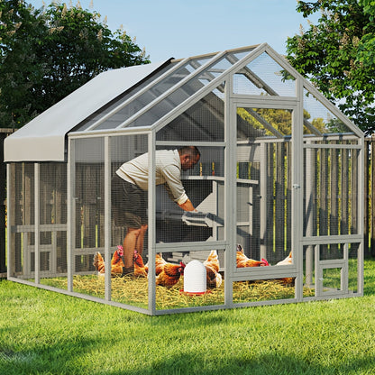 Walk-In Chicken Coop 96" Extra Large with Movable Fence, Outdoor Wooden Poultry Cage with Cover, Nesting Box & Walk-In Run for Farm