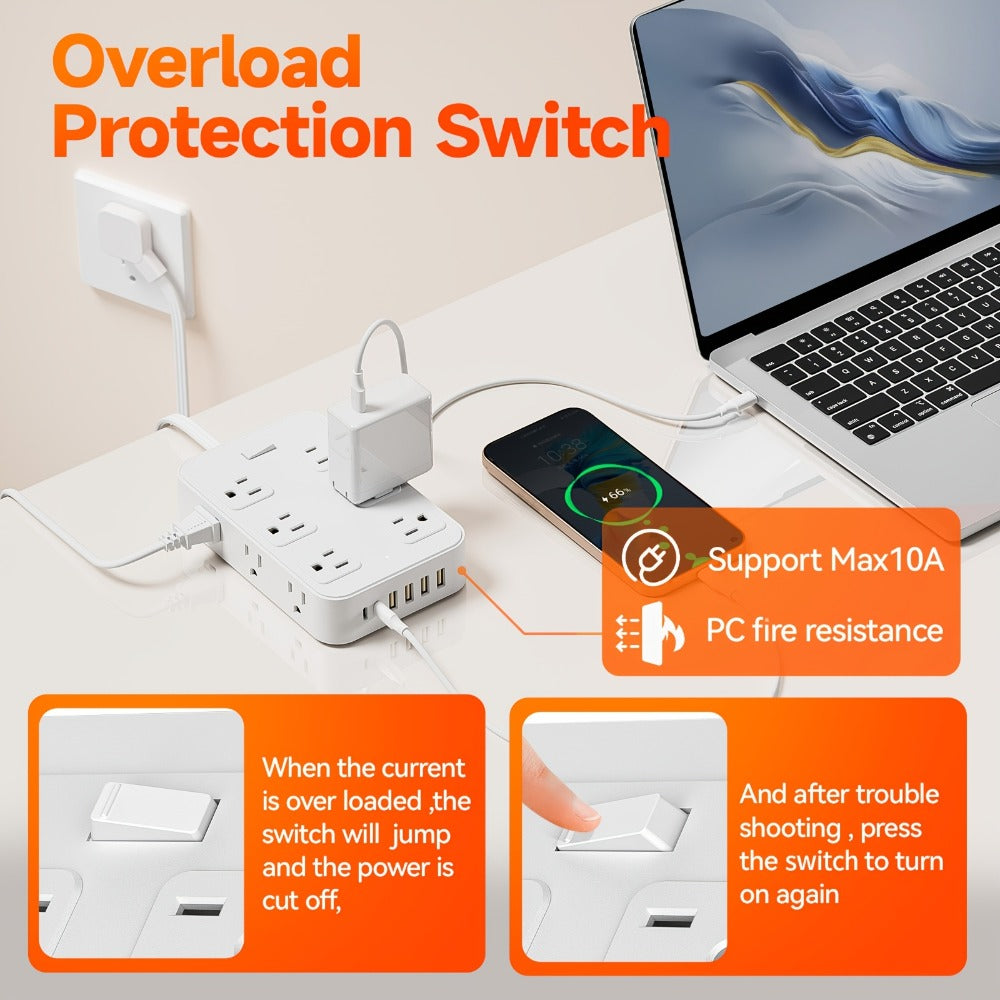 Wide Outlet Surge Protector Power Strip 18-in-1 with 12 Widely Spaced AC Outlets 4 USB-A 2 USB-C Ports Safe Portable Desktop Charging