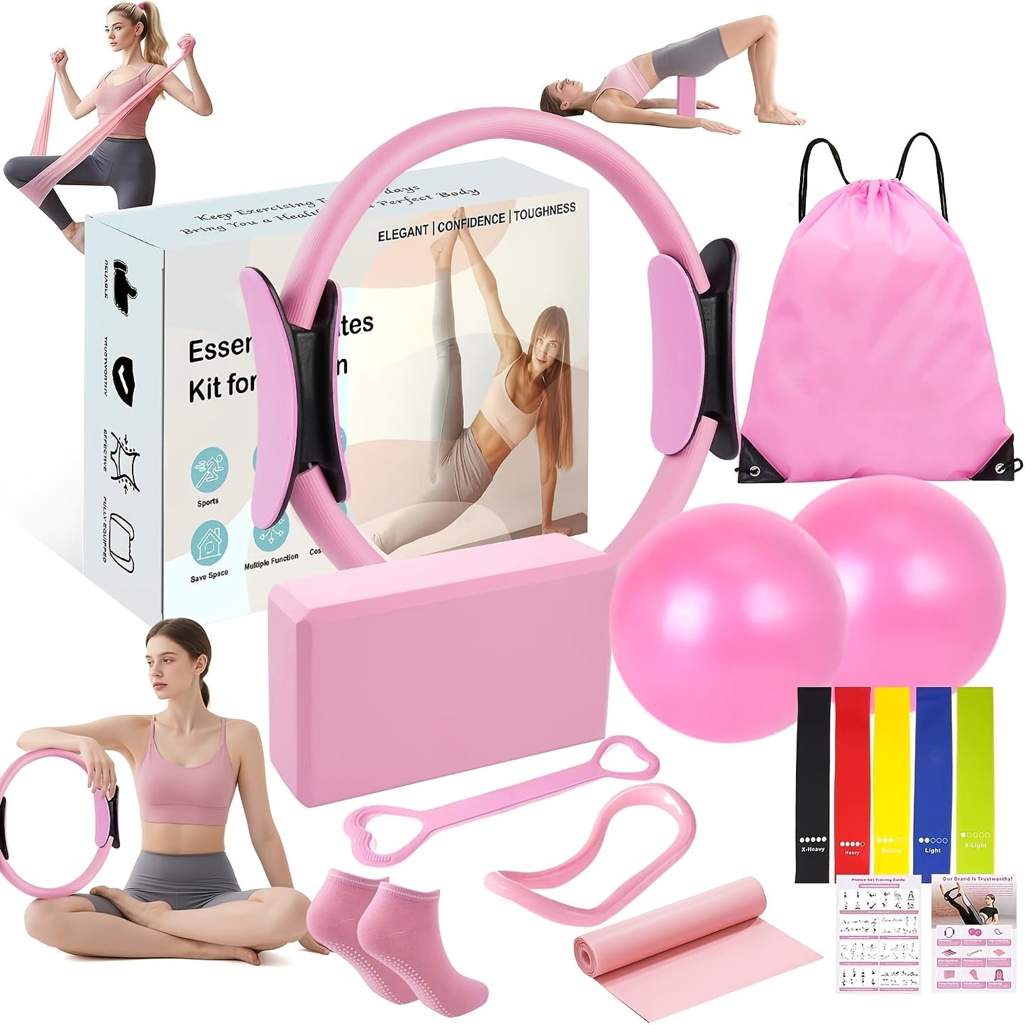 Pink 14-Piece Pilates Ring Set with Two Balls, Five Resistance Bands, Foam Block and Drawstring Bag