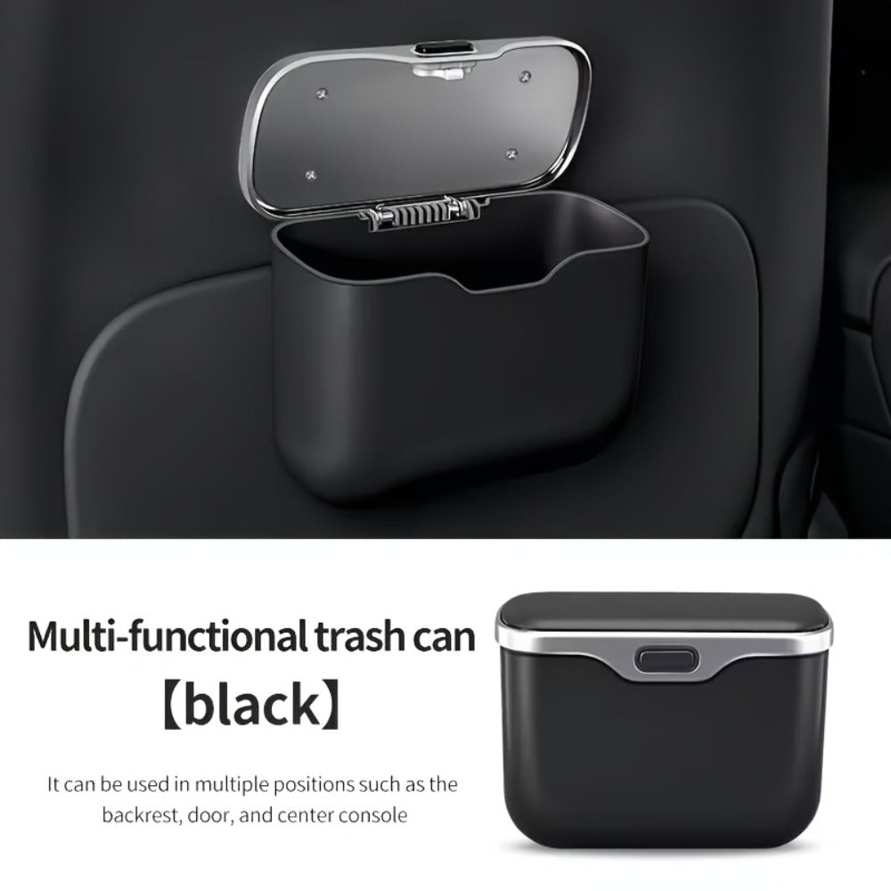 Slim Beige Car Trash Bin with Push Lid, Snap-On Mount, 17.1 cm Width and Included Liner Bags