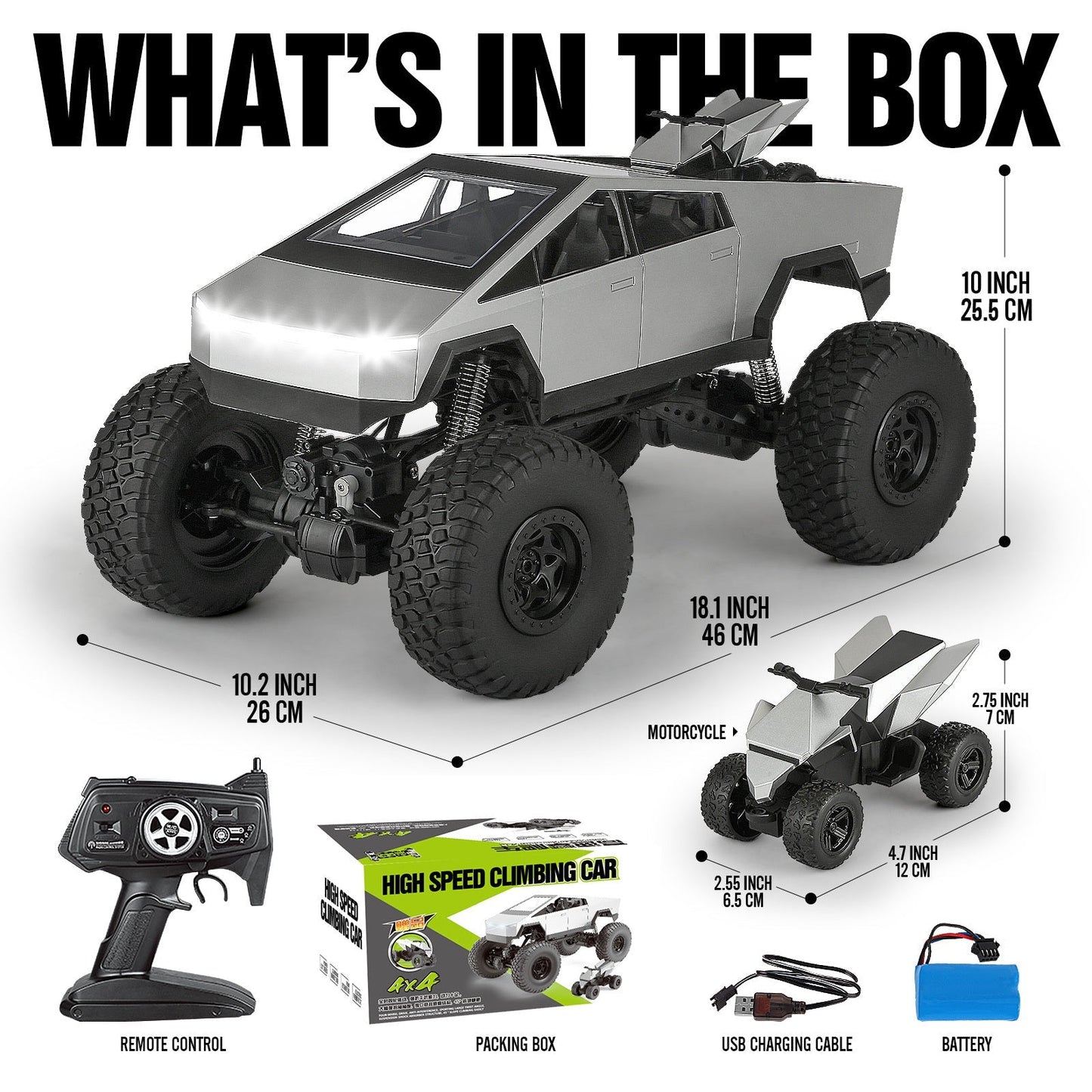 Giant 18 Inch RC Monster Truck with Free Bonus Mini RC Motorcycle, 4WD Powerful Climbing Shockproof Remote Control Pickup Truck