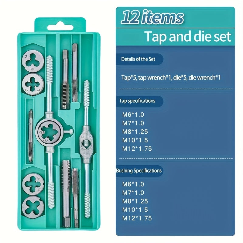 Metric Tap and Die Set 12pcs or 40pcs, M3-M12 Hand Thread Tapping Tool Kit with Plug Taps, Straight & Cone Reamers