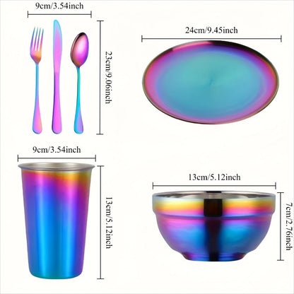 Camping Tableware Set Stainless Steel Rainbow Plates Bowls Cups with Forks Spoons Knives Outdoor for Camping, Travel and Outdoor Use