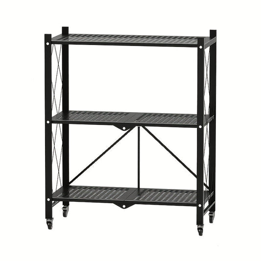 Three-to-Five-Tier Folding Storage Rack with Metal Shelves, Caster Wheels and Black or White Finish