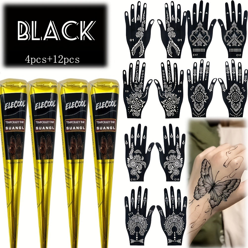Temporary Semi-Permanent Tattoo Paste Kit - Body Art Gel in Brown & Black with Tattoo Templates