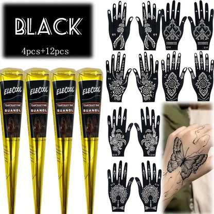 Temporary Semi-Permanent Tattoo Paste Kit - Body Art Gel in Brown & Black with Tattoo Templates