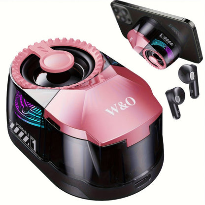 5-in-1 Wireless Bluetooth Speaker with Phone Holder & Earbuds, HD Stereo Sound, Colorful Ambient RGB Light