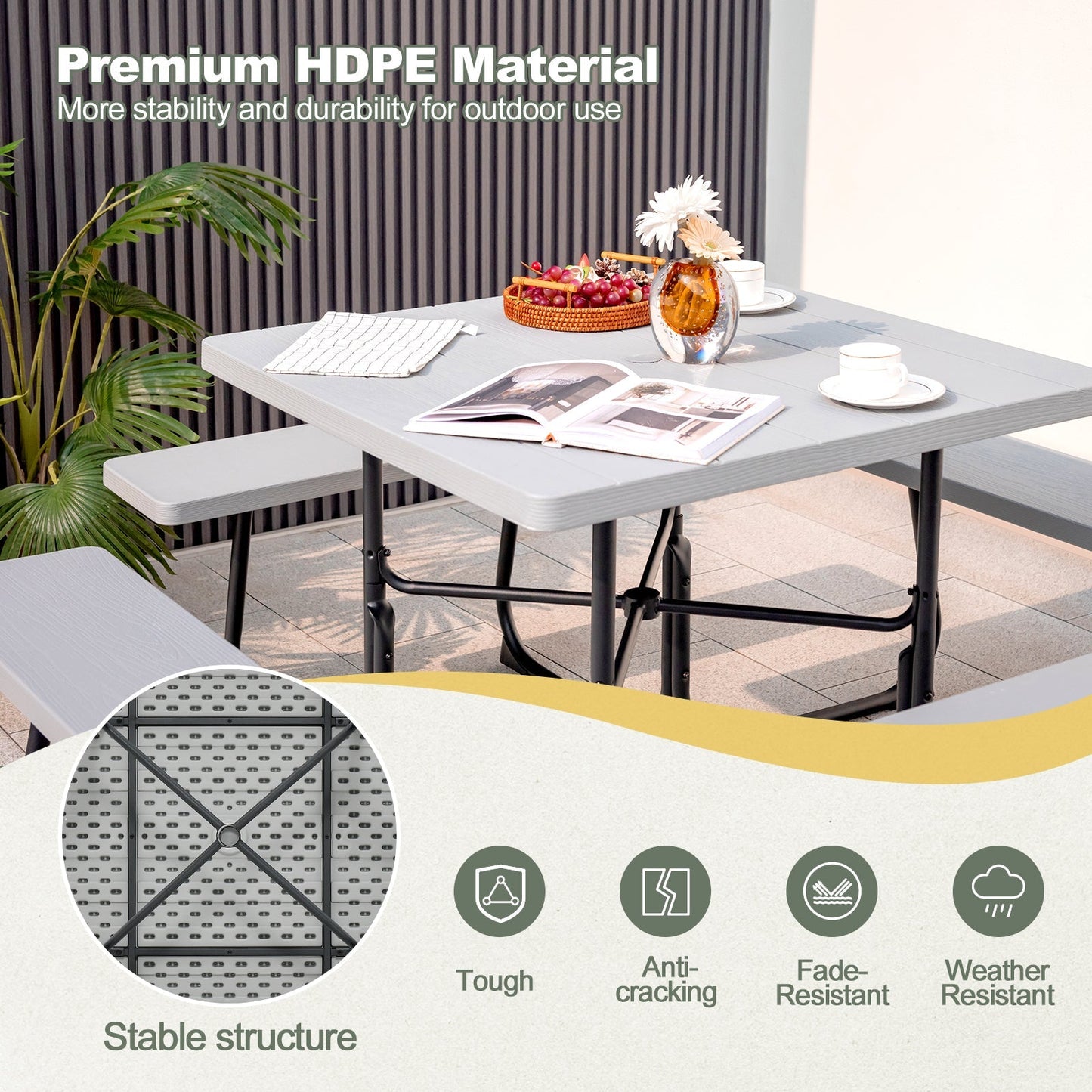 Outdoor Picnic Table 8-Person, Square HDPE Table with 4 Built-in Benches, Umbrella Hole, Metal Frame