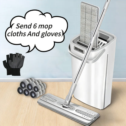 Hands-Free Flat Mop with Bucket Set – 8pcs, 6 Microfiber Pads & Gloves, Dry & Wet Floor Cleaning for Bedroom, Kitchen & Bathroom