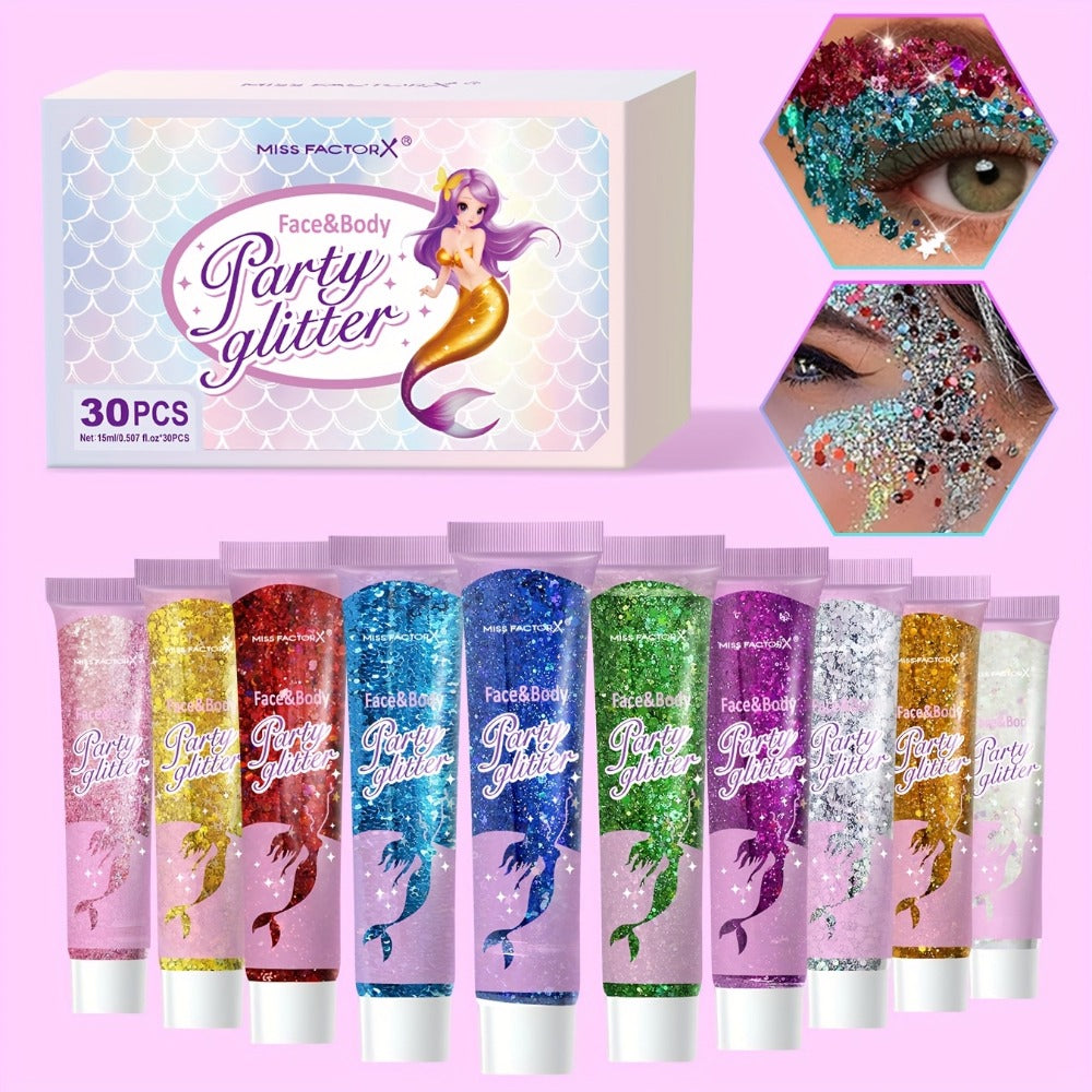 Face Body Glitter Gel Set 30 Pieces – Colorful Shapes Mermaid Sequin Stars Hearts, Transparent Gel Base, Skin-Safe Shimmer Makeup