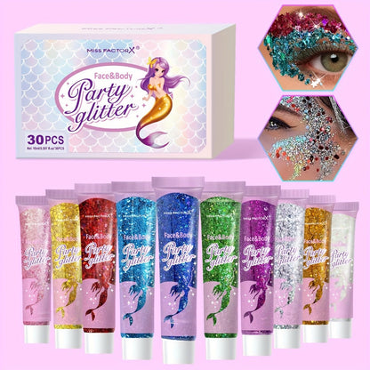 Face Body Glitter Gel Set 30 Pieces – Colorful Shapes Mermaid Sequin Stars Hearts, Transparent Gel Base, Skin-Safe Shimmer Makeup
