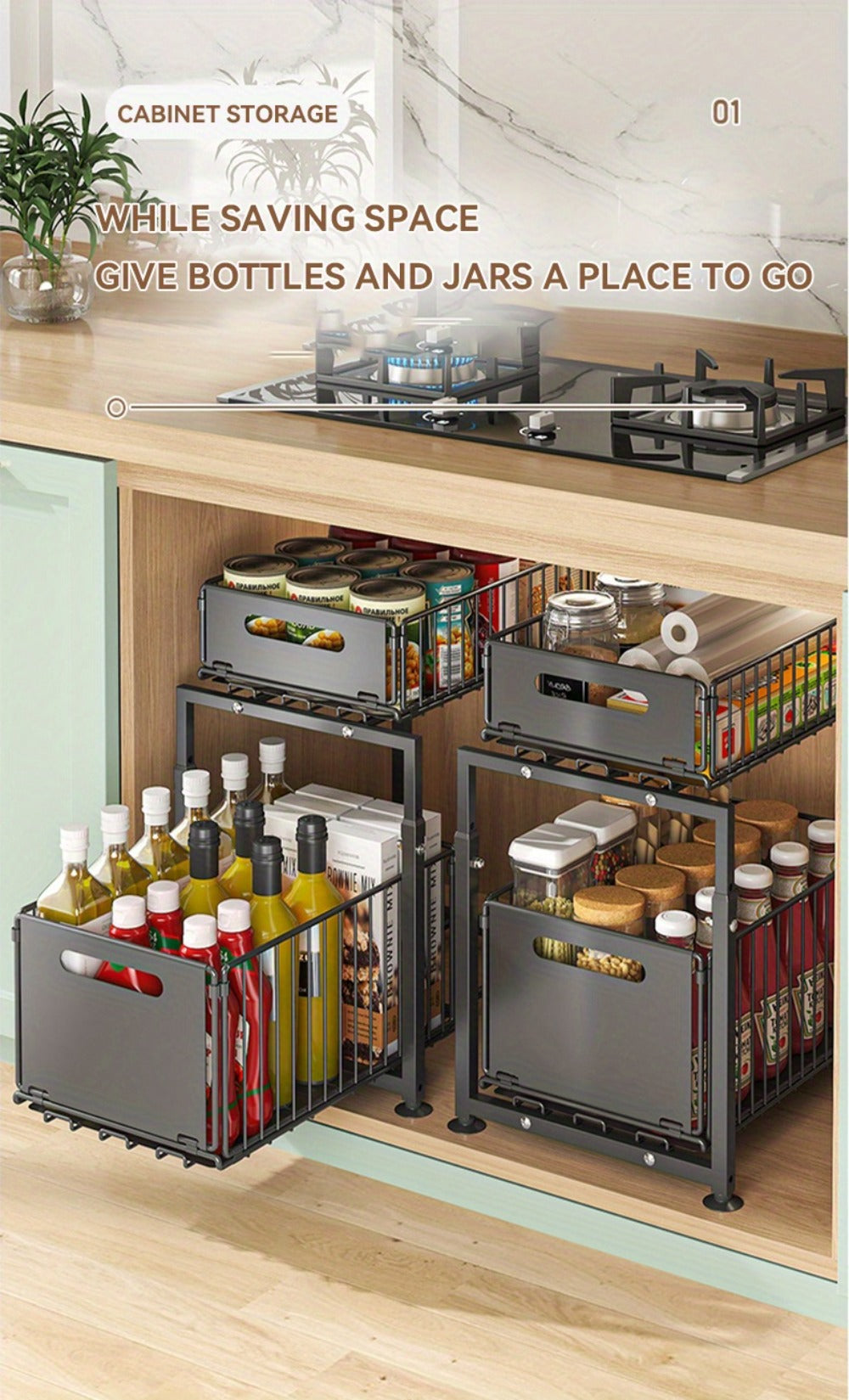 Under Sink Storage Organizer 2-Tier Metal Slide-Out Shelf for Kitchen or Bathroom Cabinet Use