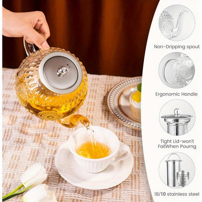 Vintage Glass Teapot 50oz 1500ml with Removable Infuser Stovetop Safe Borosilicate Tea Kettle for Entryways, Bedrooms and Living Spaces