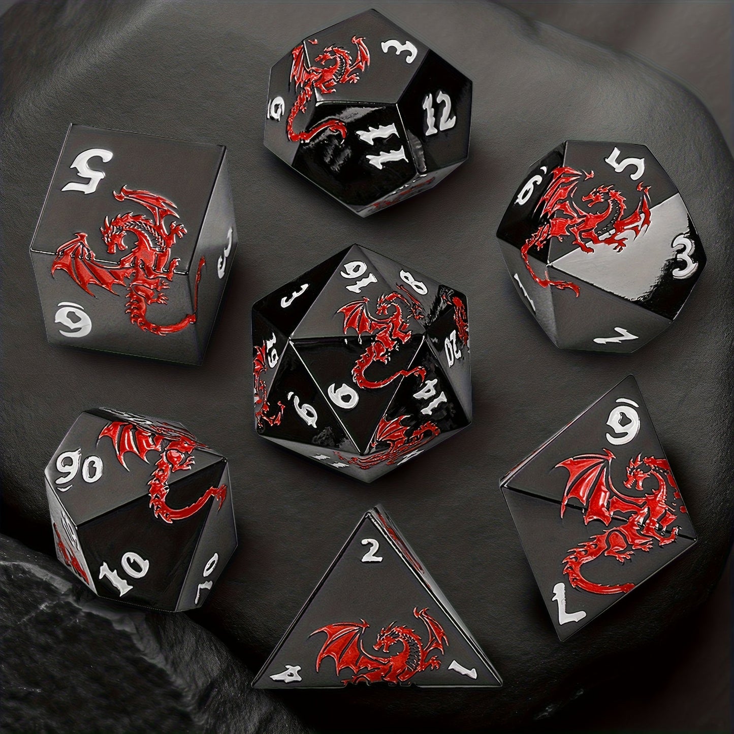Dragon Metal Dice Set 7pcs Hand-Polished, Retro Carved Dragon Pattern Polyhedral DnD TTRPG RPG Dice with Dragon Storage Bag