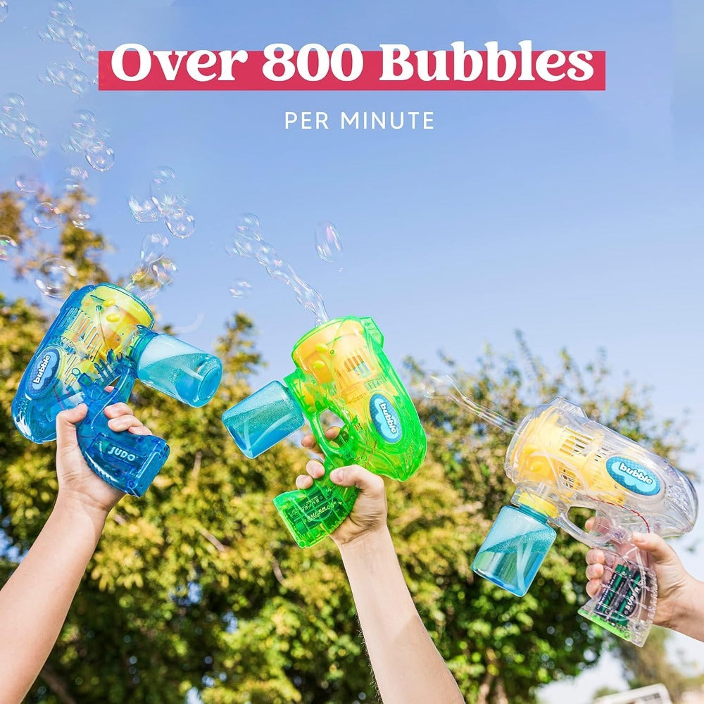 3-Pack Bubble Gun Blower with 3 Pre-Loaded Solution Refills, Hand-Powered, Color-Changing Bubbles