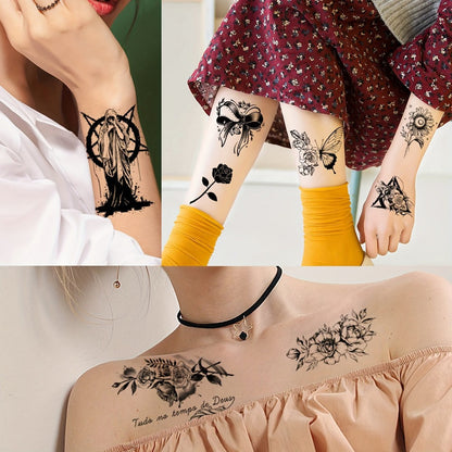 Temporary Tattoos GLARYYEARS 44-Sheet Black Floral, Butterfly and Snake Set with 9 Large and 35 Small Designs