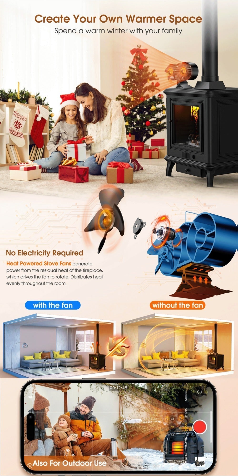 Wood Stove Fan 8-Blade Dual Motor Fireplace Fan Heat Powered for Wood Log Burner Stove for Entryways, Bedrooms and Living Spaces