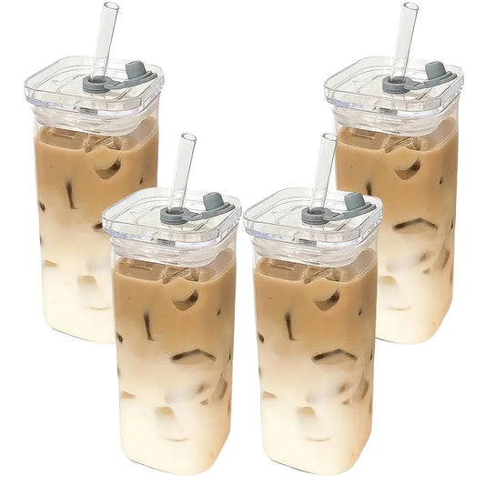 Square Glass Cup Drinkware Set, 13oz Clear Cups with Lids, Straws and Cleaning Brush in 4, 6 or 8 Pieces