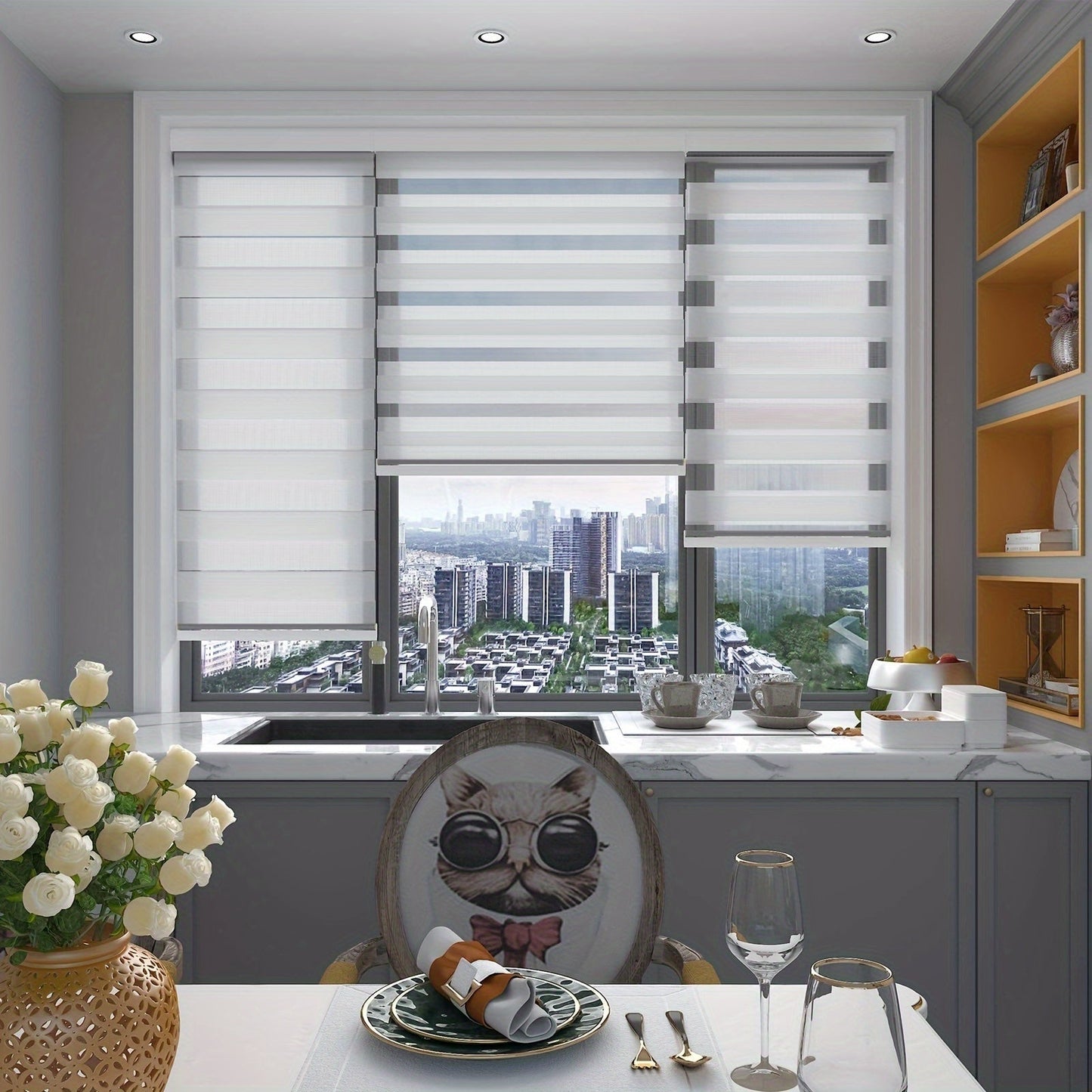 Cordless Zebra Roller Shade with Valance, Day Night Window Blind, Dual Layer Window Treatment Mesh Opaque Fabric