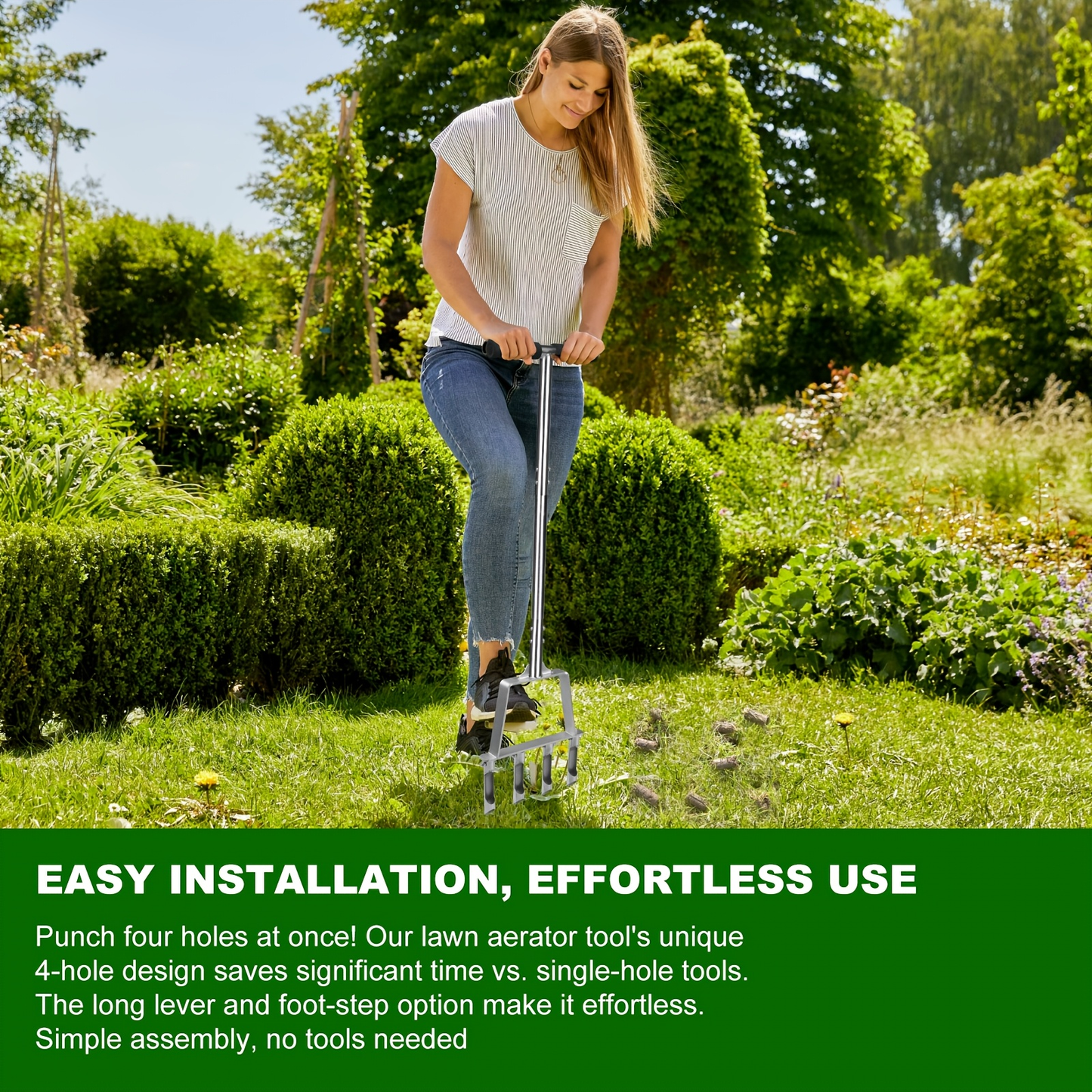 Four-Tine Manual Lawn Core Aerator in Black with T-Handle, Foot Bar and Hollow Plugging Tubes