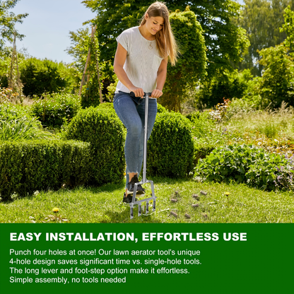 Four-Tine Manual Lawn Core Aerator in Black with T-Handle, Foot Bar and Hollow Plugging Tubes