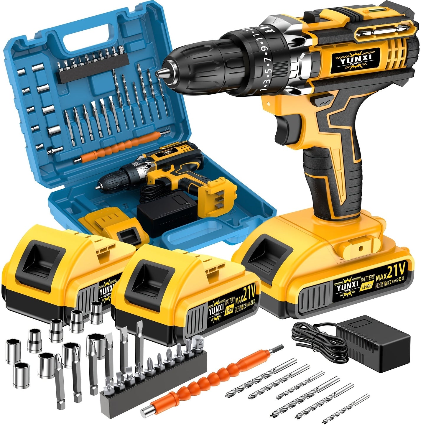 Cordless Impact Drill Set 21V, Electric Power Drill with 2.0Ah Battery, Fast Charger, Screwdriver Bits