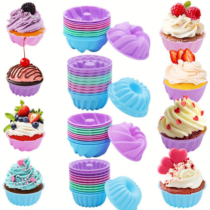 Silicone Donut Mold 48pcs, Nonstick Silicone Baking Cups with 4 Shapes (Thread, Woven, Pumpkin, Flower), Muffin Jello Bagel Pan