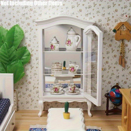 White Miniature Dollhouse Display Cabinet with Mirrored Back, Three Clear Shelves and 16 cm Height