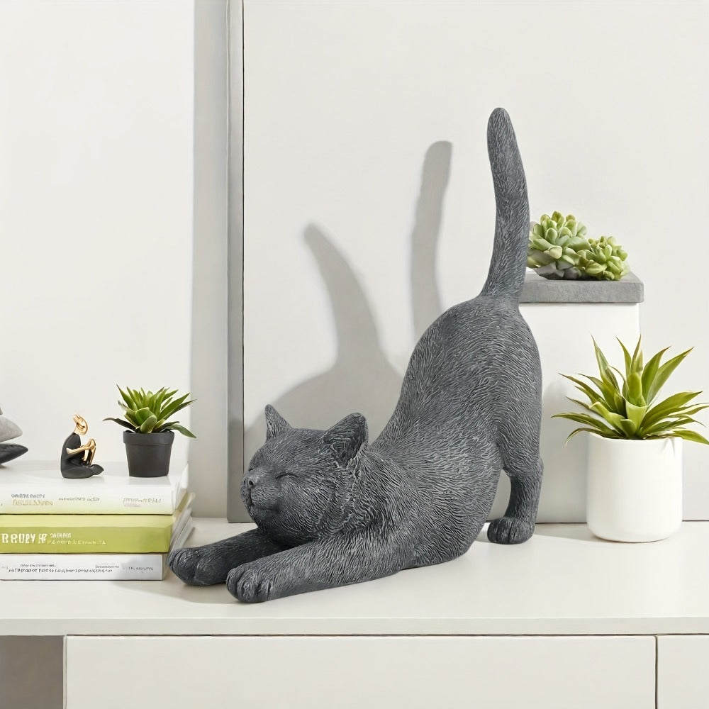 Yoga Cat Statue Hand-Painted Stretching Cat Figurine Grey Resin Decorative Sculpture for Home Office for Garden, Patio and Yard Use