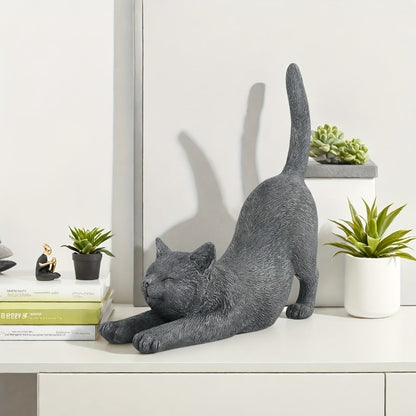 Yoga Cat Statue Hand-Painted Stretching Cat Figurine Grey Resin Decorative Sculpture for Home Office for Garden, Patio and Yard Use