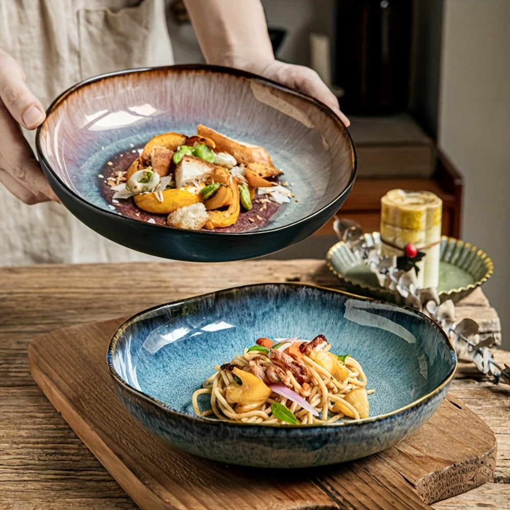 Irregular Deep Dish Ceramic Plate, Artisan Handcrafted Salad Soup Bowl Dish, Unique Edge Design, Tableware for Family Dining