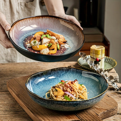 Irregular Deep Dish Ceramic Plate, Artisan Handcrafted Salad Soup Bowl Dish, Unique Edge Design, Tableware for Family Dining