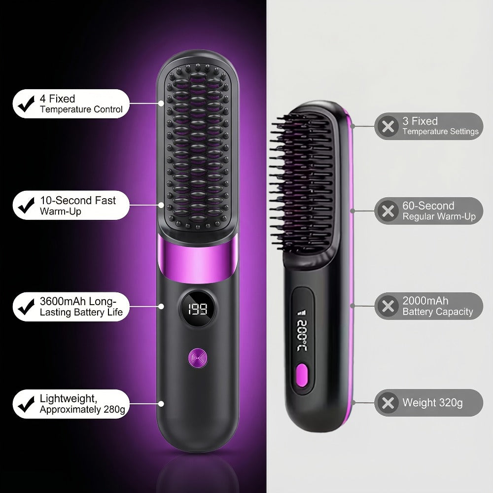 Ionic Hair Straightener Brush USB-C Rechargeable 3-in-1 Straightener Curler Styler, Adjustable Temperature