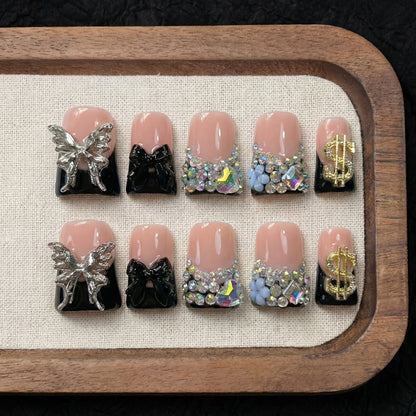 Press On Nails 10-Piece Medium Duckbill Set with Black Nude Color Block, Butterfly, Glitter and AB Rhinestones