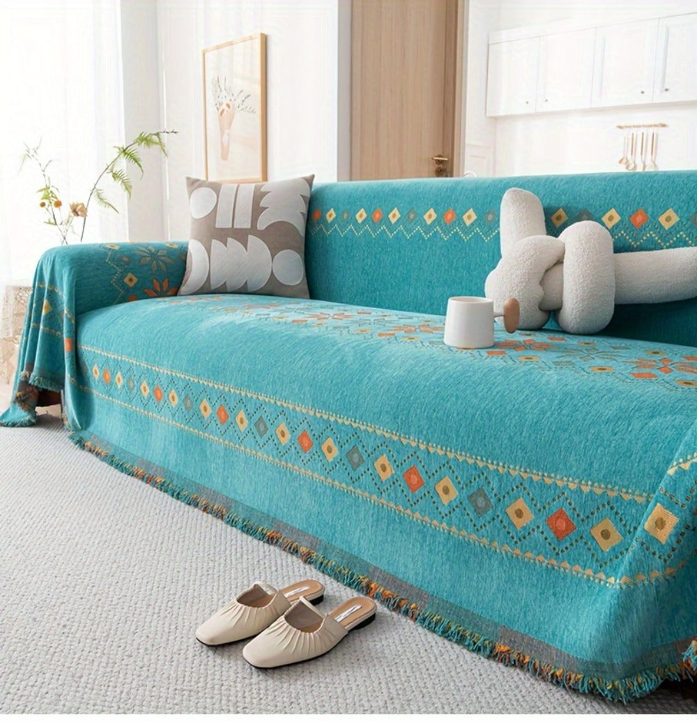 Sofa Cover Bohemian Embroidered Chenille Knit Throw with No Padding in Four Sizes and Five Colors