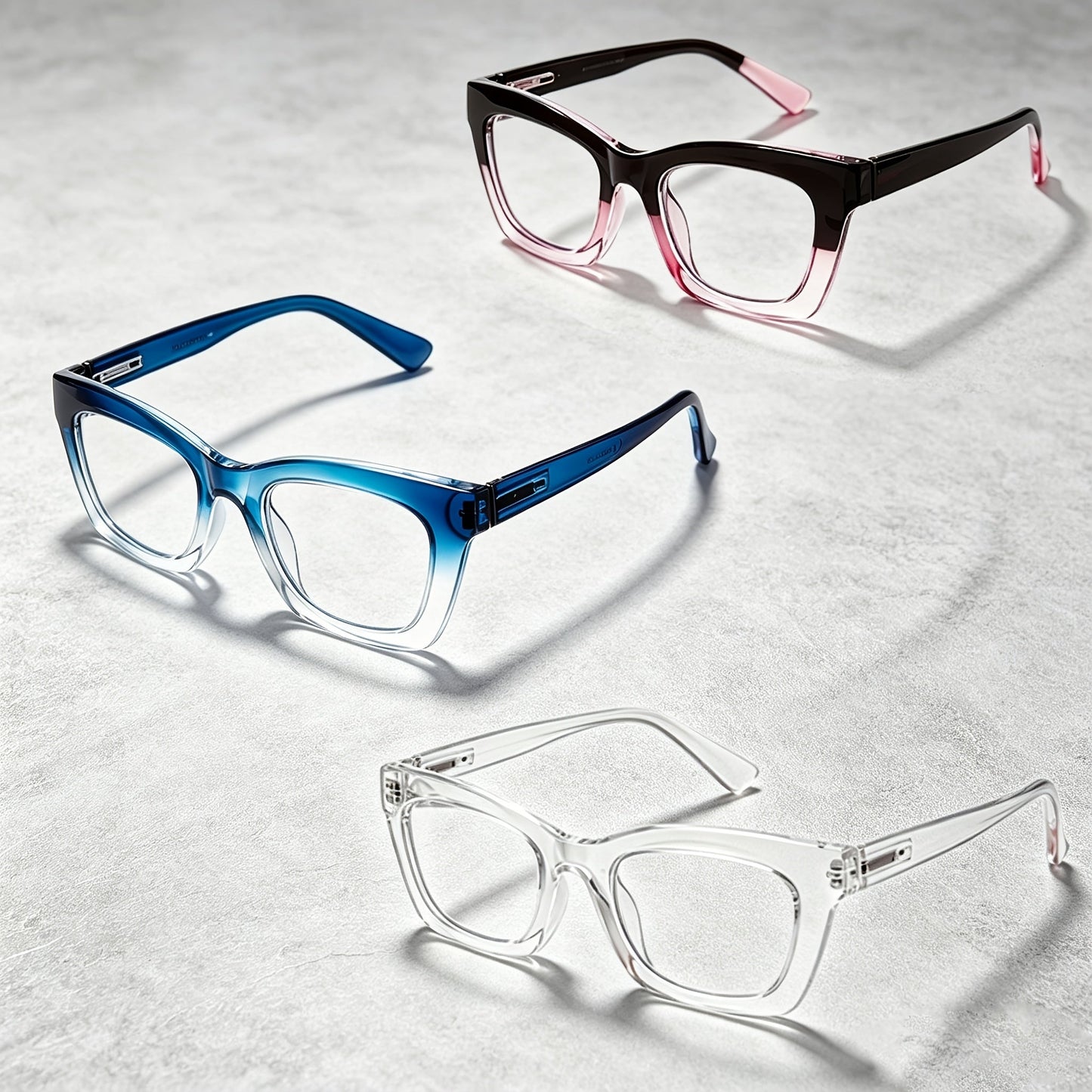 Reading Glasses – Three-Pair Square Reader Set with Spring Hinges, Cloths and Bags with Multiple Strength and Color Options