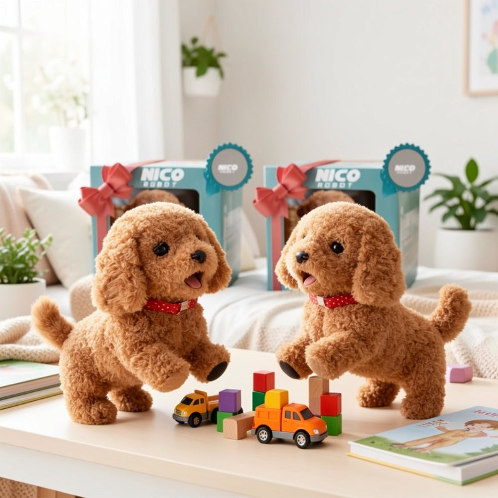 Two-Piece Brown Electronic Plush Puppy Toy Set with Walking and Barking Presentation and Boxed Dogs