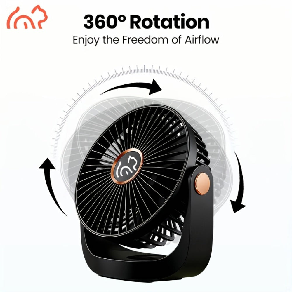 Portable Fan USB-Rechargeable Five-Speed Model with Desk, Wall, Ceiling and Hanging Placement Options