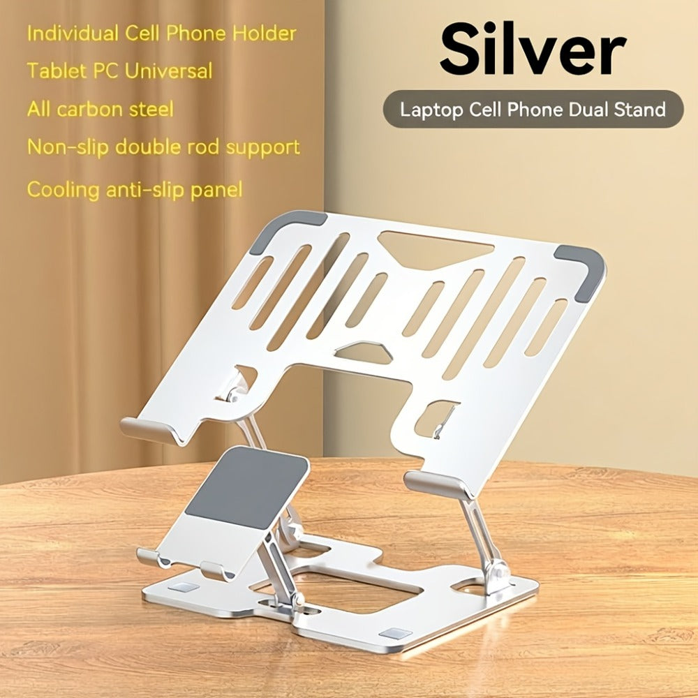 2-in-1 Laptop Stand with Phone Holder, Ergonomic Adjustable Computer Stand with Heat Dissipation, Foldable Desk Riser for 10-16 Inch