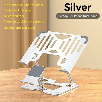 2-in-1 Laptop Stand with Phone Holder, Ergonomic Adjustable Computer Stand with Heat Dissipation, Foldable Desk Riser for 10-16 Inch