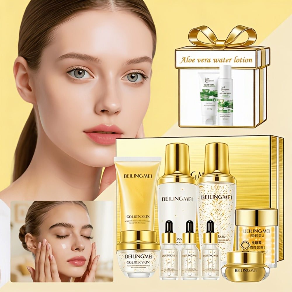 Skincare Gift Set for Women 9pcs Golden Luxury Kit, Niacinamide Collagen Hyaluronic Acid Daily Facial Care Premium Birthday Holiday Gift