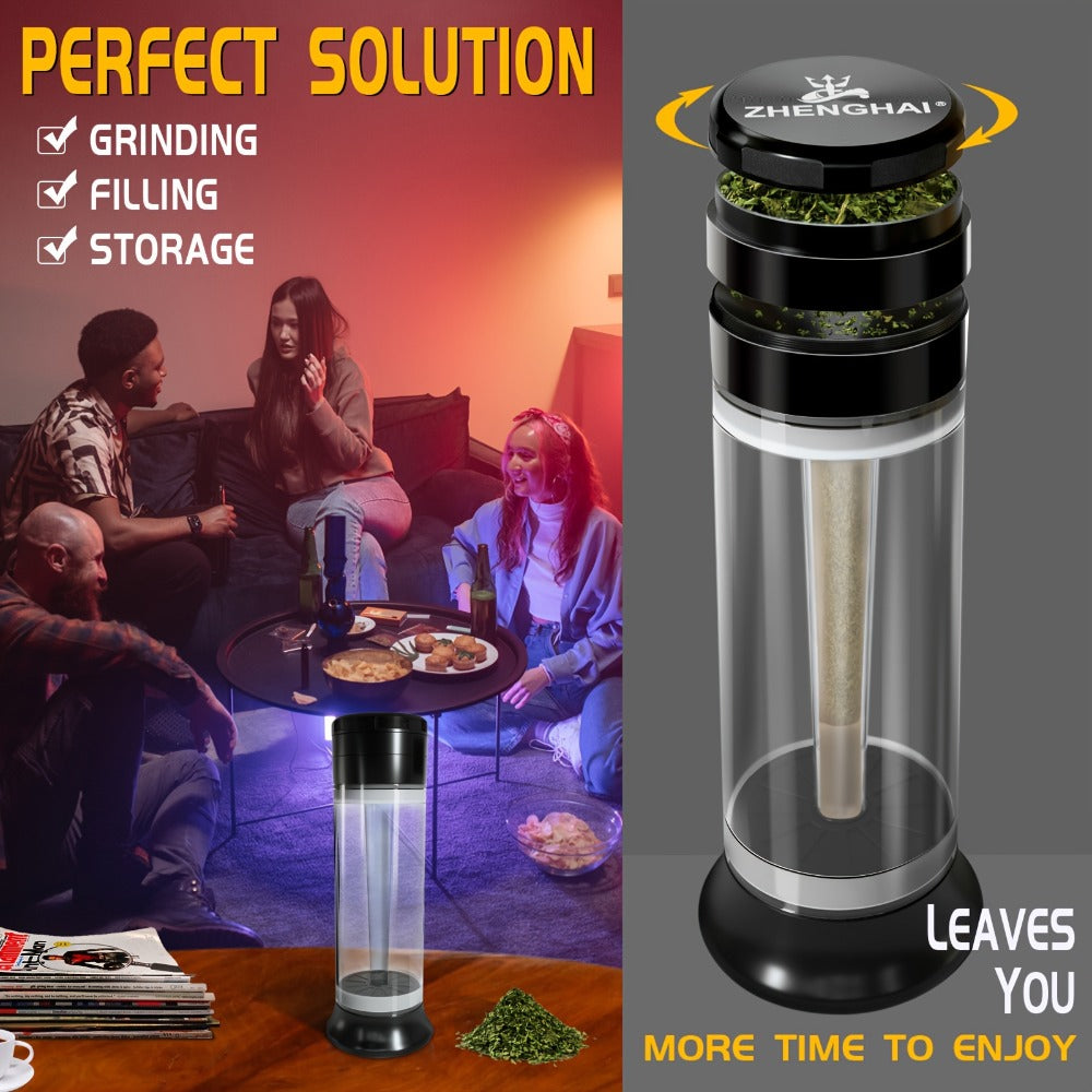 3-in-1 Herb Grinder with Cone Loader & Rolling Machine, Multifunctional Tobacco Grinder Blunt Joint Roller Filling Storage All-in-One